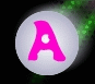 A circular icon with a light gray background features a bright pink capital letter A at center, surrounded by a soft white glow and green pixelated sparkles on the right side.