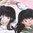 A 2x2 contact sheet of a pixelated anime-style animation featuring two identical female characters with black hair and large eyes, displayed across four quadrants with pink and gray backgrounds containing text fragments.