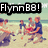 Pixelated beach scene with four figures on sand, ocean in background, and black banner reading 'Flynn88!' at top.