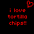 Red pixelated text on black background reads 'i love tortilla chips!!' with a red heart symbol above the text.
