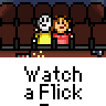 Pixel art animation of two cartoon characters sitting in a theater, with visible frame-to-frame motion differences and repeated text below each pair.