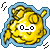 Yellow pixelated character with blue outline, white eyes and mouth, positioned in with text labels above each instance