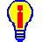 Pixelated light bulb icon with blue outline, yellow interior, and red vertical filament shape on gray background.