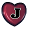 Red heart-shaped icon with black letter J on gray background, showing multiple views of the same icon in different orientations.