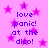 Pixelated text on a pink background with purple stars, repeating 'i love panic! at the dico!' in blue letters.