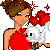 A 2x2 contact sheet of a pixel art animated icon featuring a woman in red dress holding a dog, with text "Puppy Love" on a red background and partial views of other frames showing different poses.