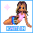 Pixel art contact sheet showing two frames of an animated AIM buddy icon featuring a cartoon woman in pink top and blue shorts with the name KAITLIN below, against white background with pink starburst.