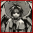 Pixelated grayscale image of a character with dark hair and light clothing, framed by a red border.