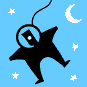Black astronaut silhouettes with white eyes float against a light blue background dotted with white stars and crescent moons.