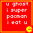 Red square with yellow border containing white pixelated text and a yellow Pac-Man icon in the bottom-right corner.
