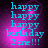 Pixelated cyan text on purple gradient background reads 'happy happy happy birthday 2 me!!!' with four identical frames showing no motion.