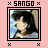 A contact sheet of 10 animated frames showing a pixelated anime character with long dark hair in various poses and expressions, each framed by a black border with "SANGO" text above and below on a pink background.