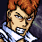 Pixelated anime-style character with orange hair and blue eyes, wearing a white and blue outfit, next to black background with silver text.