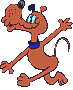 Pixelated orange cartoon dog with blue collar, black ears, and light blue eyes in two side-by-side poses against gray background.