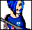 Pixel art character with blue hair and black eye makeup holding a guitar, next to text listing life circumstances and band membership.
