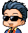 Pixel art avatar of a person with dark blue hair, black sunglasses, and a blue jacket with red and yellow details, shown in four variations with differing facial expressions and hair styling.