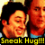 four pixelated images showing two people in a close embrace, with text reading "Sneak Hug!!!" on yellow bars below each pair