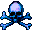 Pixelated skull and crossbones icon with blue bones, white skull, black eye sockets, red diagonal lines on right side.