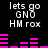 Pixelated text and pink audio bars on black background, with repeated phrases 'lets go GNO HM rox' in white block letters.