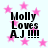 Pixelated text 'Molly Loves AJ !!!!' on white background with pink stars, four identical copies arranged in a