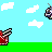 Pixelated animation shows red cannon firing at gray spaceship with antennae against blue sky and green ground, ending with explosion and text "Having a bad day?".