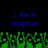 Blue pixelated text 'i love sophie' appears twice on a black background above green pixelated grass-like shapes.