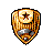 Pixelated shield-shaped icon with brown and gold tones, featuring a star on top, horizontal lines across the middle, and metallic gray accents at bottom.