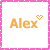 A 6-frame animated contact sheet showing variations of the name "Alex" in orange text with a small heart symbol, arranged in a 3x2 grid on a white background with pink dotted borders.