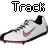 Animated sequence of white athletic shoes with pink swoosh logos, each shoe paired with 'Track' text in various pixelated styles and some frames containing small pink hearts.