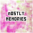 25 identical square icons with pink and green pixelated backgrounds displaying 'MOSTLY MEMORIES' text in varying color schemes