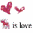 Static pixel art displays four distinct elements: two red hearts, a stylized animal figure, and the text 'is love' in grayscale.