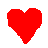 Two red heart shapes, one solid and one with a pointed bottom, above two black pixelated symbols on white background.