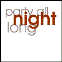 Pixelated static image of text reading "party all night long" with overlapping layers and color variations on a white background.