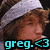 Pixelated image of a person with brown hair wearing a white cap, featuring cyan text 'greg.<3' at the bottom.