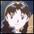 A 48x48 pixel buddy icon featuring a split composition with an anime-style character on the left and stylized text on the right against a black background.