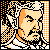 Pixelated static icon of a stylized human face with orange and beige tones, black outlines, and checkered background patterns.