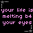 Pixelated text repeats across a black background with alternating star and dot patterns, featuring pink lowercase letters.