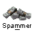 Pixelated icon of a crumpled gray fabric object with brown patches on a gray background, below which is the word "Spammer" in pixelated black and white text.