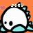 Pixelated cartoon skull with turquoise spikes and blue underbelly on orange background, displaying text above head.