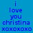 Blue background with repeated text "i love you christina xoxoxoxo" in blue and cyan, arranged in a pattern