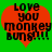 Two identical pixelated heart-shaped icons with green background and black text reading "LOVE YOU MONKEY BUNS!!!" displayed side-by-side.