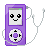 Pixel art of a purple portable media player with a smiling face on its screen, white circular control pad, and three small floating plus signs to the right.