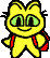 Yellow pixelated cat-like character with green eyes and red straps, shown in two poses against gray background.