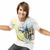 A person in a white t-shirt with a colorful graphic print and dark pants, arms outstretched in a jumping pose against a white background.