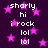 Pixelated purple background with pink stars and repeated white text phrases including 'sharly', 'hi', 'i rock', and 'lol' in a pattern