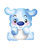 Blue cartoon dog with pink cheeks, dark blue nose, and black eyes in three distinct poses: hands clasped near chest, paws holding a light brown bow tie, and one paw raised.