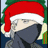 Pixelated image of a character wearing a red Santa hat with white trim, dark scarf covering lower face, and light-colored hair against green background.