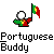 Pixelated character holding a flag with green, yellow, and red sections; text below reads Portuguese Buddy in blocky font.