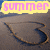 A beach scene with a heart drawn in sand, featuring changing text overlays: 'summer' in pink, '08' in purple, and 'baby!' in blue.