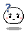 Pixelated white circular face with pink blush, black eyes and mouth, blue question marks above head, gray shadow below.